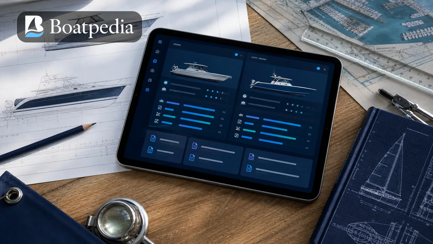 Boatpedia boat model comparison on a tablet beside marine reference materials with the real logo