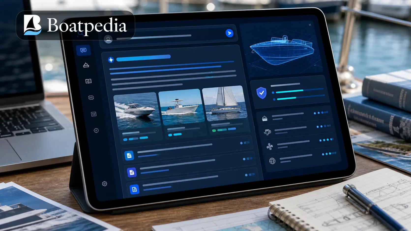 Boatpedia source-aware marine search answer shown on a tablet with the real logo