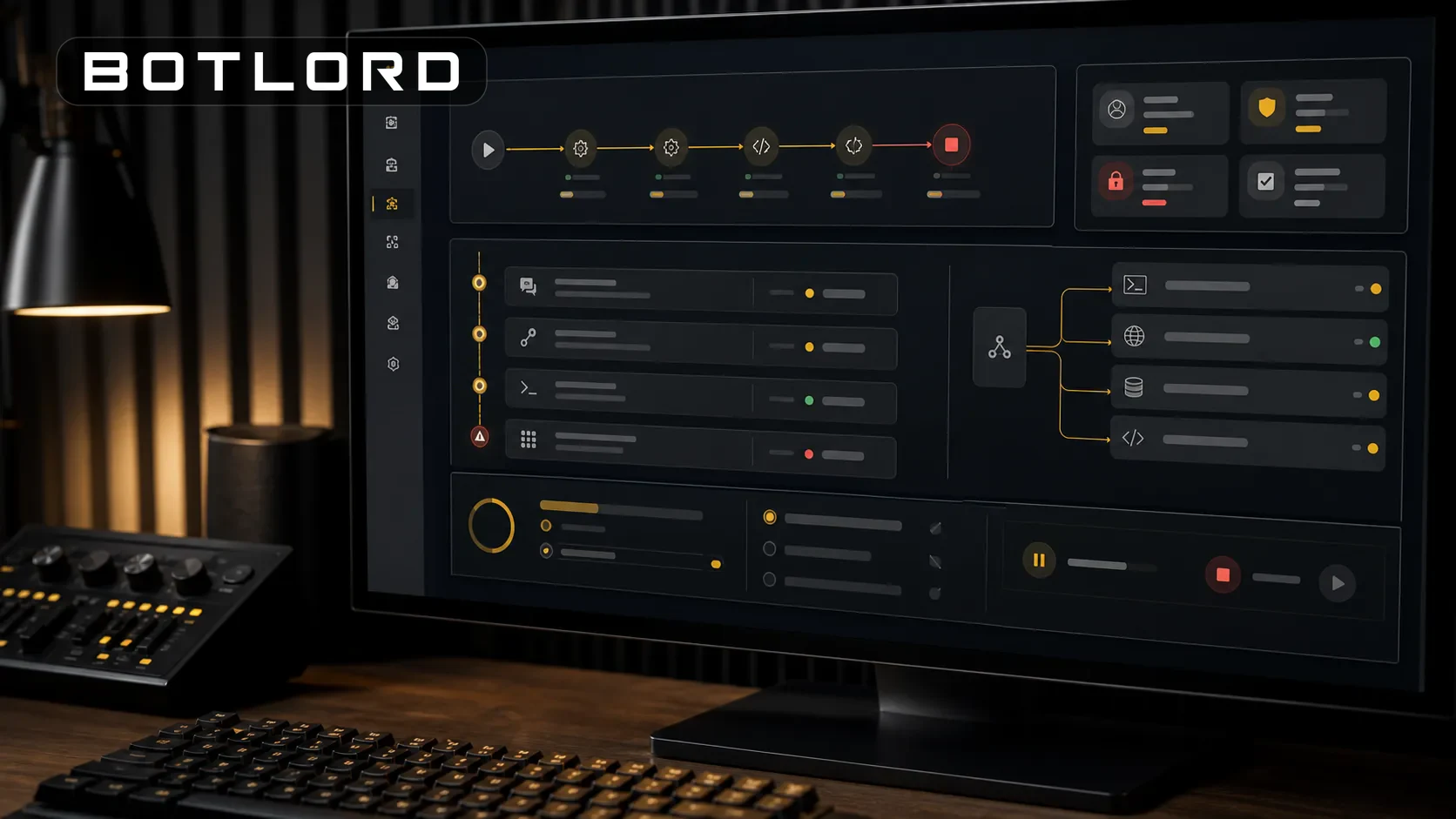 Botlord command controls close-up on a dark operations monitor with the real wordmark
