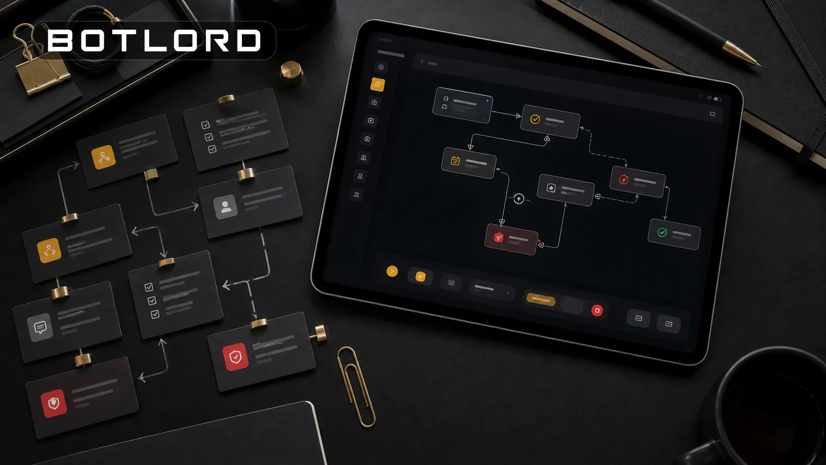 Botlord workflow board and tablet showing connected automation steps with the real wordmark