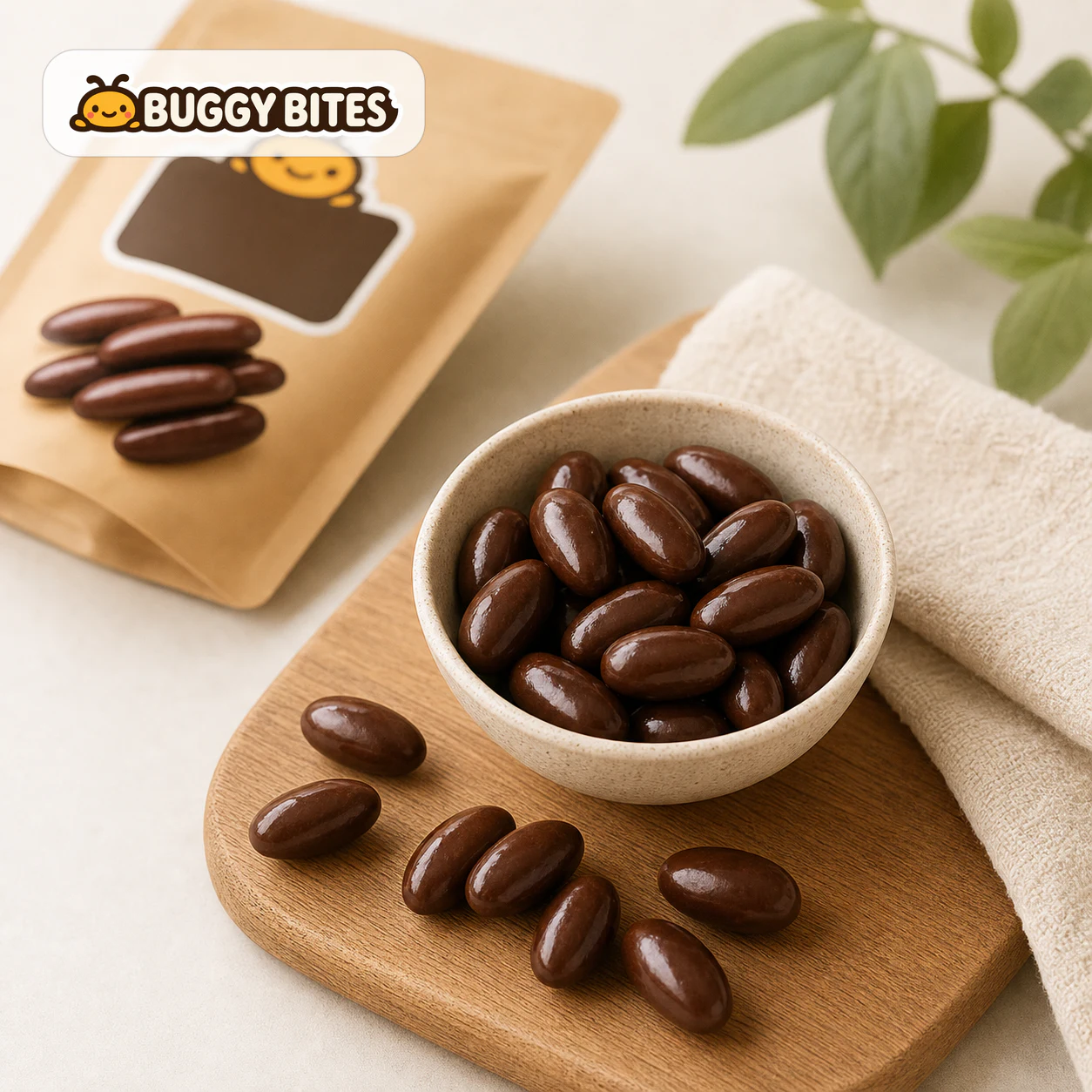 Buggy Bites chocolate cricket snack served beside the real shop logo