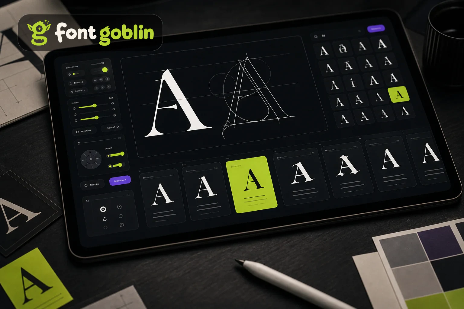 FontGoblin tablet interface close-up with generated glyph controls and the real wordmark