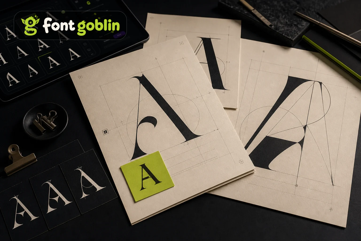 FontGoblin printed font specimen sheets on a studio desk with the real wordmark