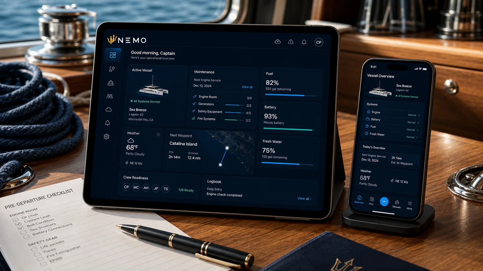 Nemo vessel operations mockup with the real dark logo across tablet and phone