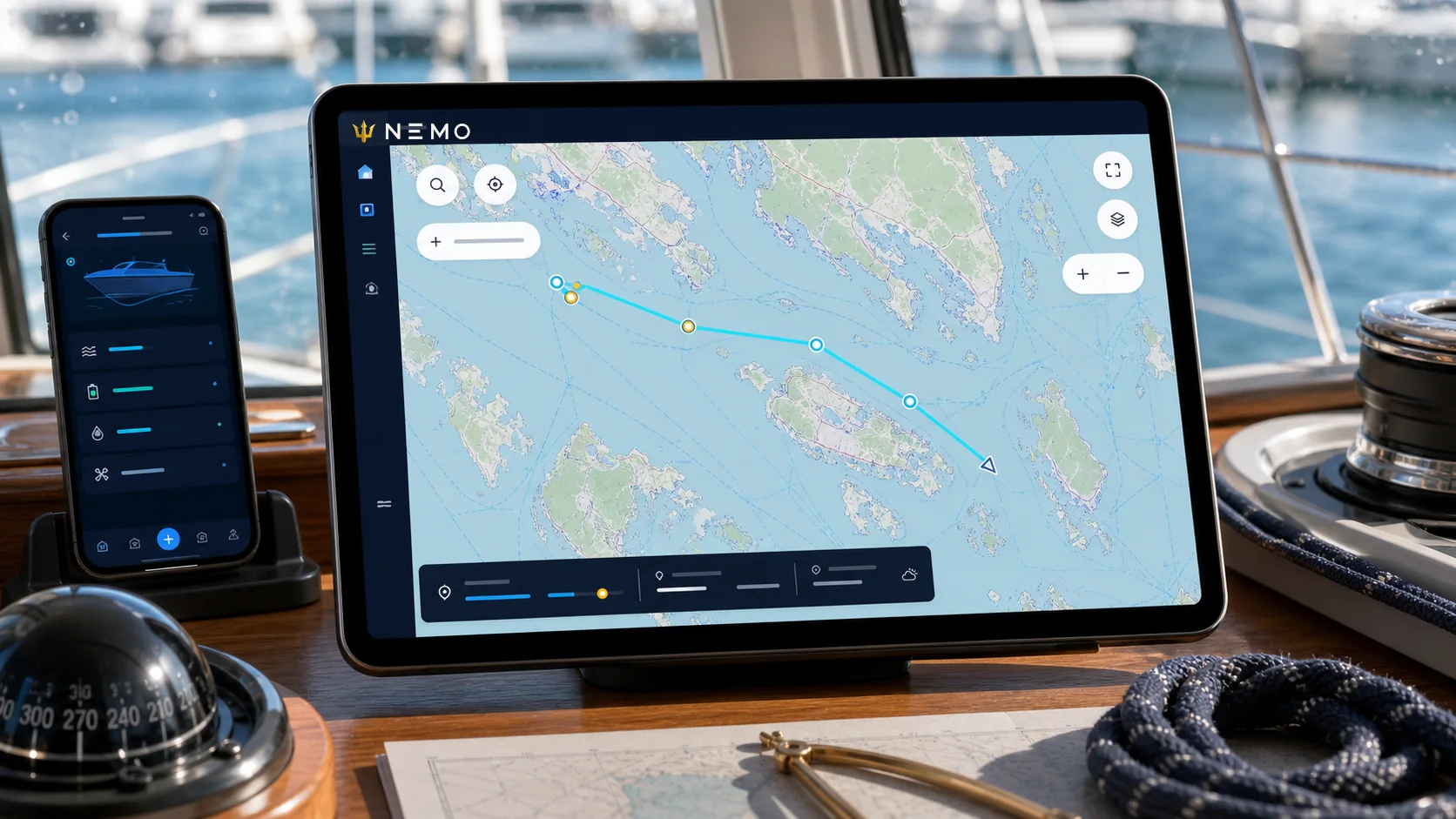 Nemo route-planning map mockup with the real dark logo on a tablet at the helm