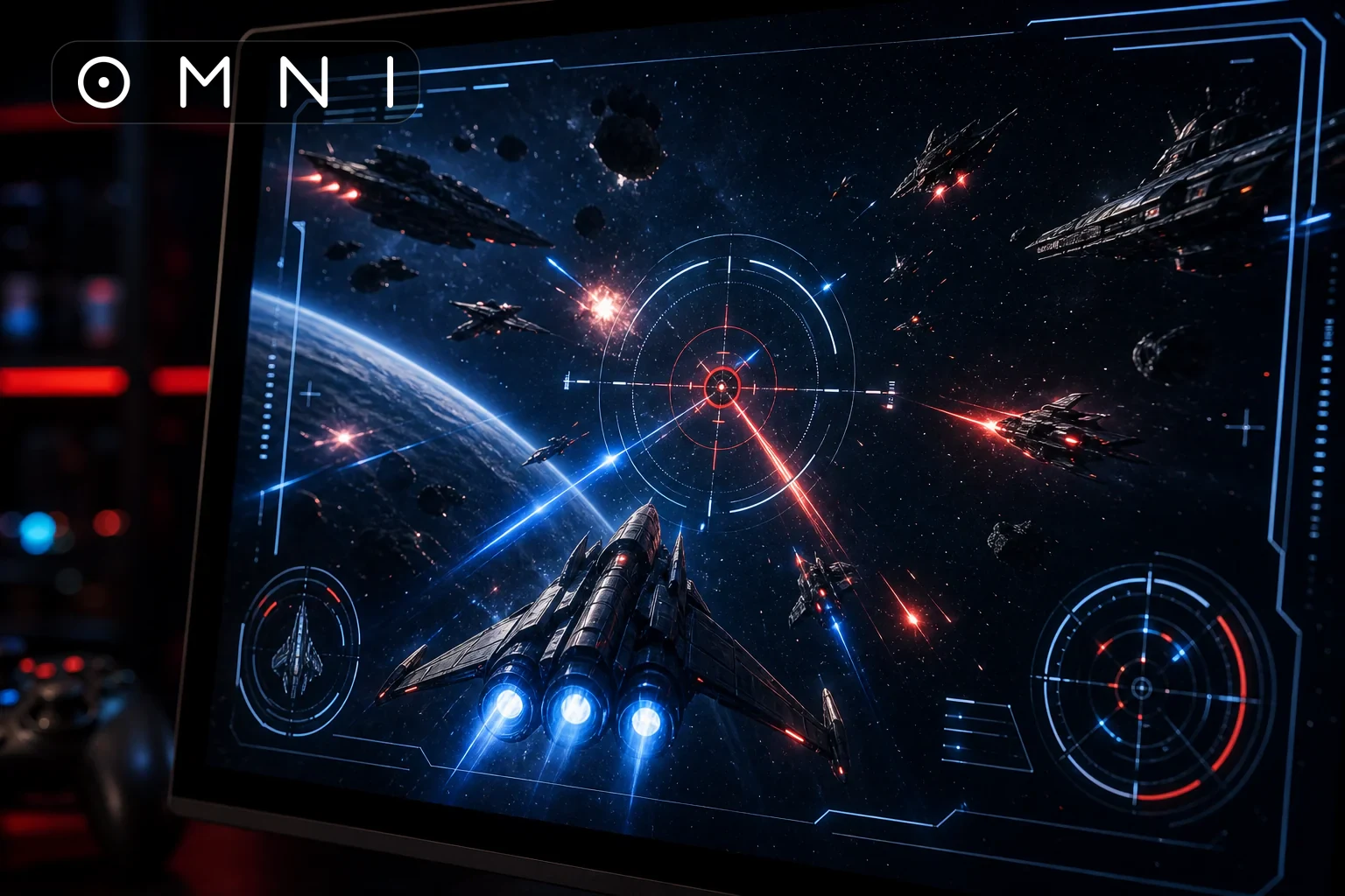 OMNI space shooter gameplay interface close-up with the real wordmark