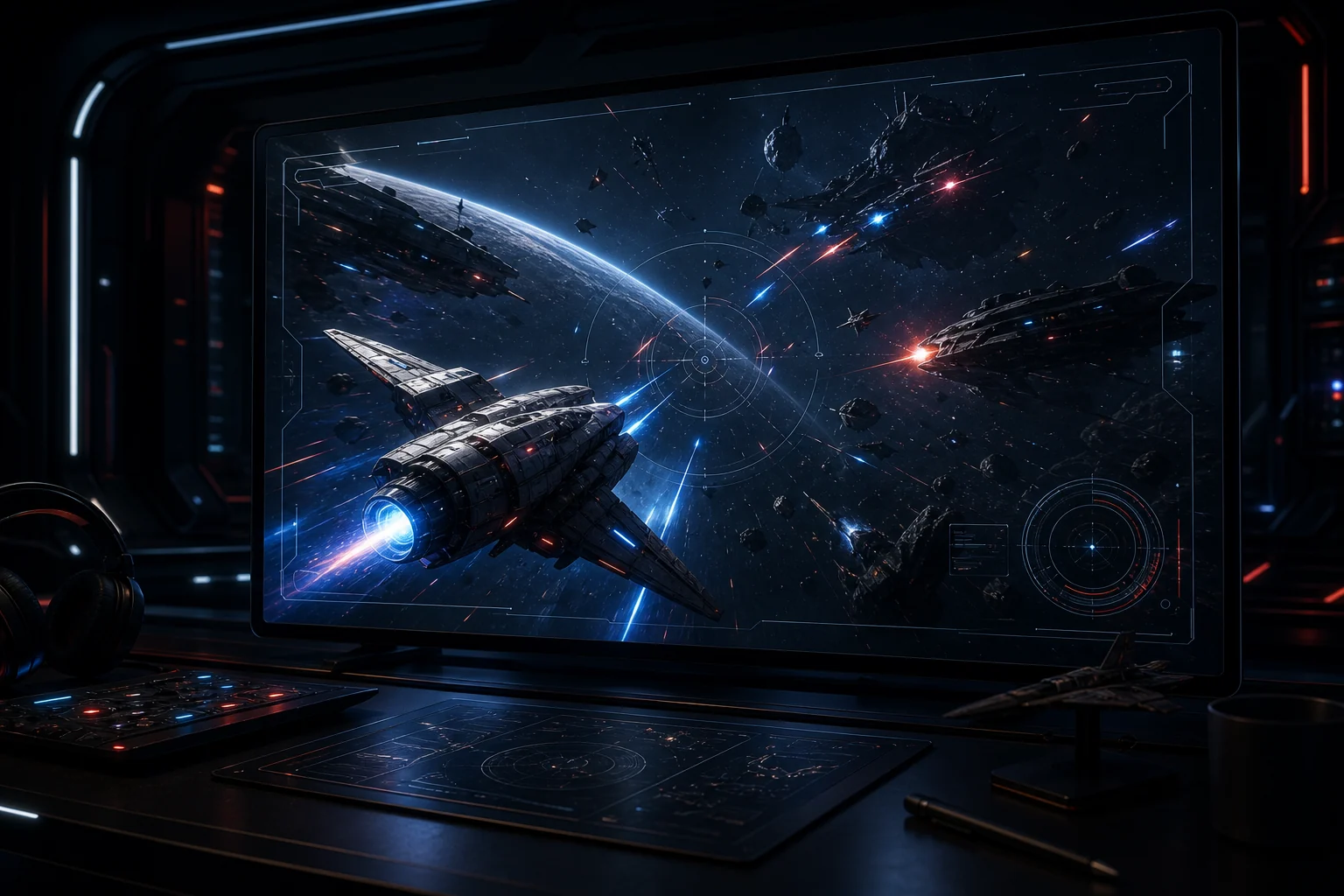 OMNI space shooter launch platform hero with spacecraft combat on screen