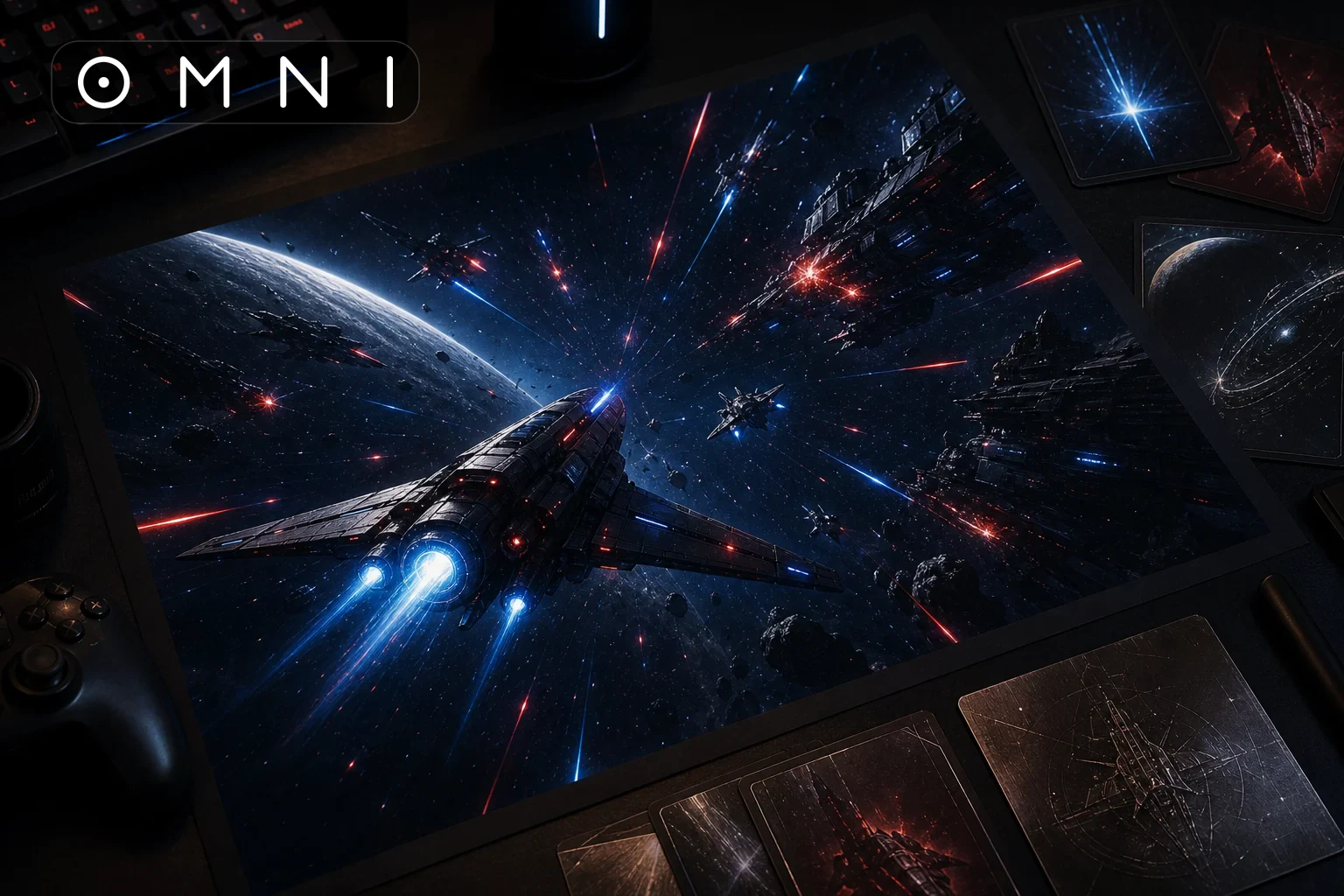 OMNI launch poster product photo for a space shooter with the real wordmark