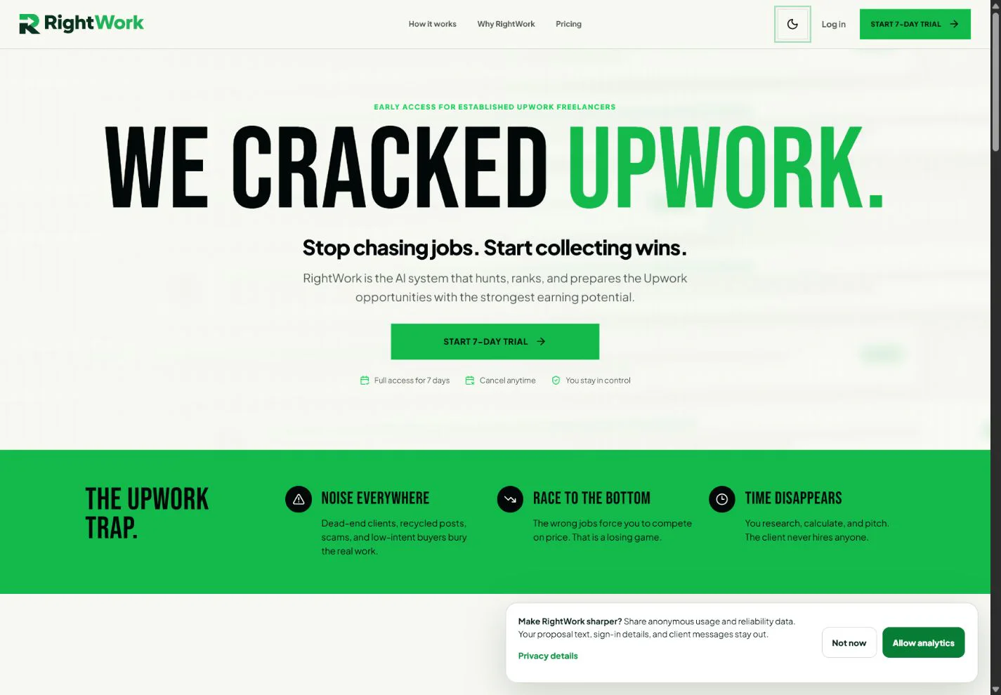 RightWork landing page introducing its opportunity system for established Upwork freelancers