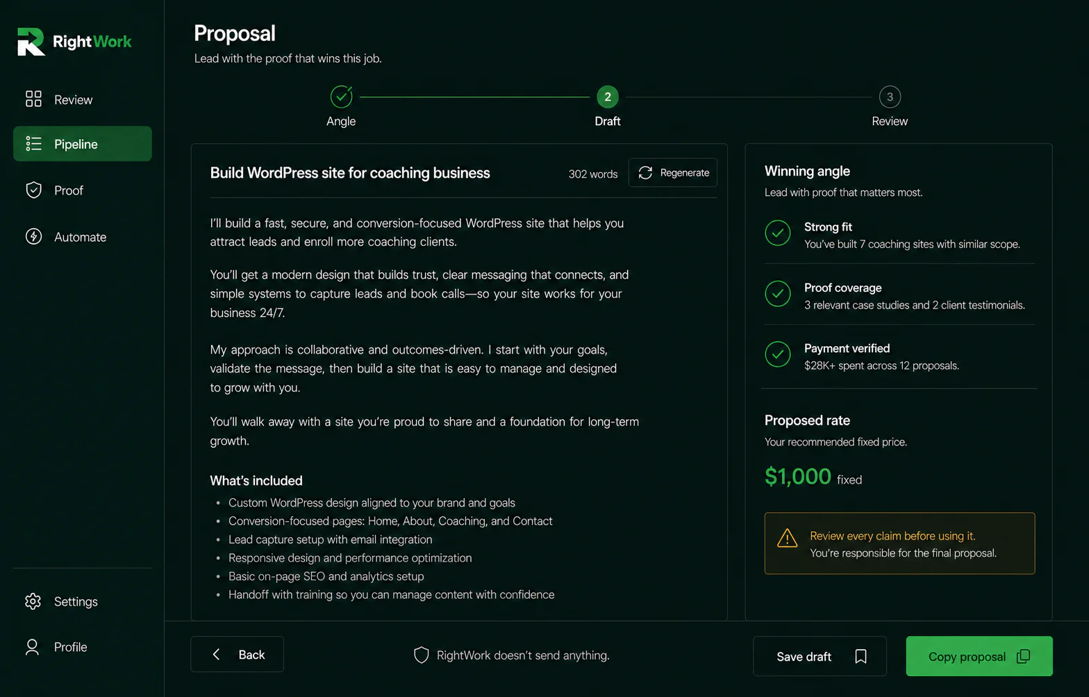 RightWork proposal workspace pairing an editable draft with the evidence behind its angle and rate