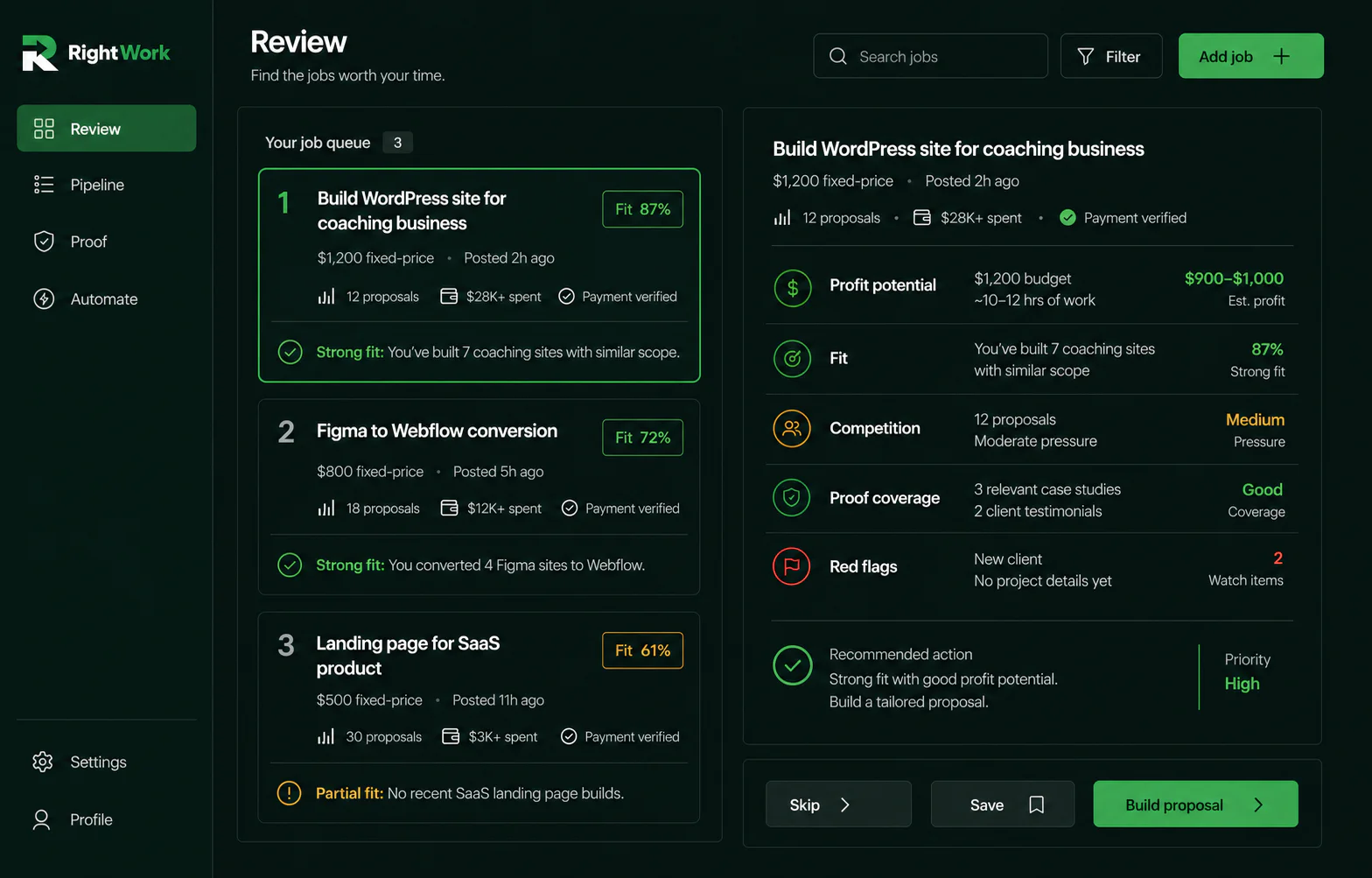 RightWork opportunity review workspace with a ranked job queue and evidence panel