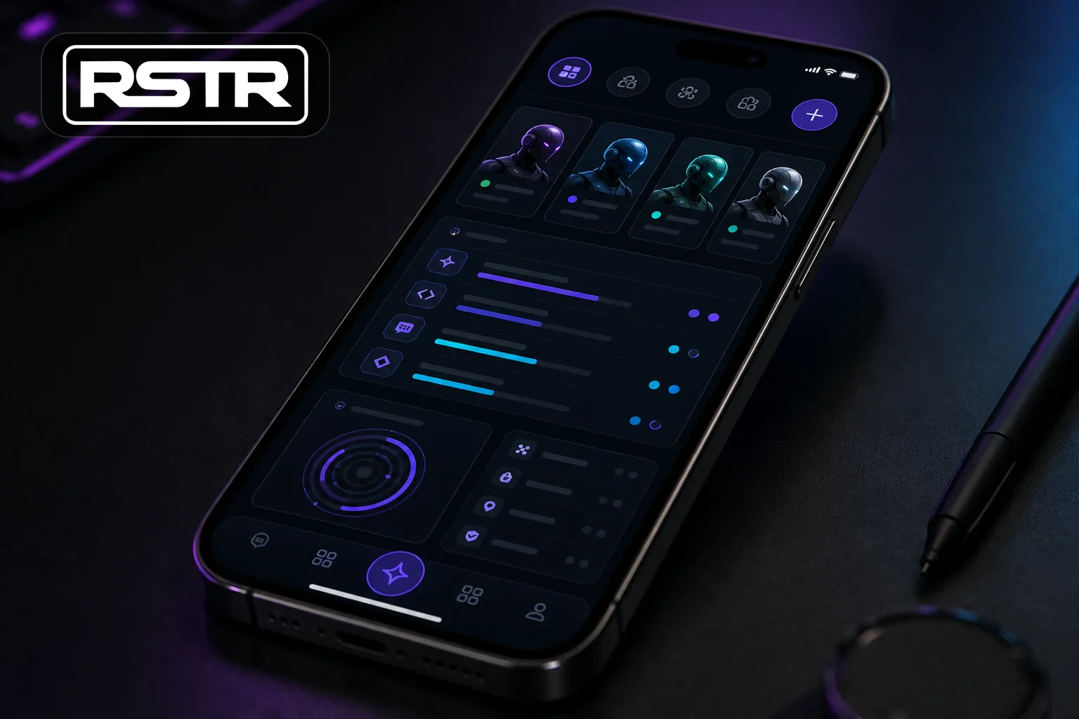 RSTR phone interface close-up with abstract agent cards and the real logo