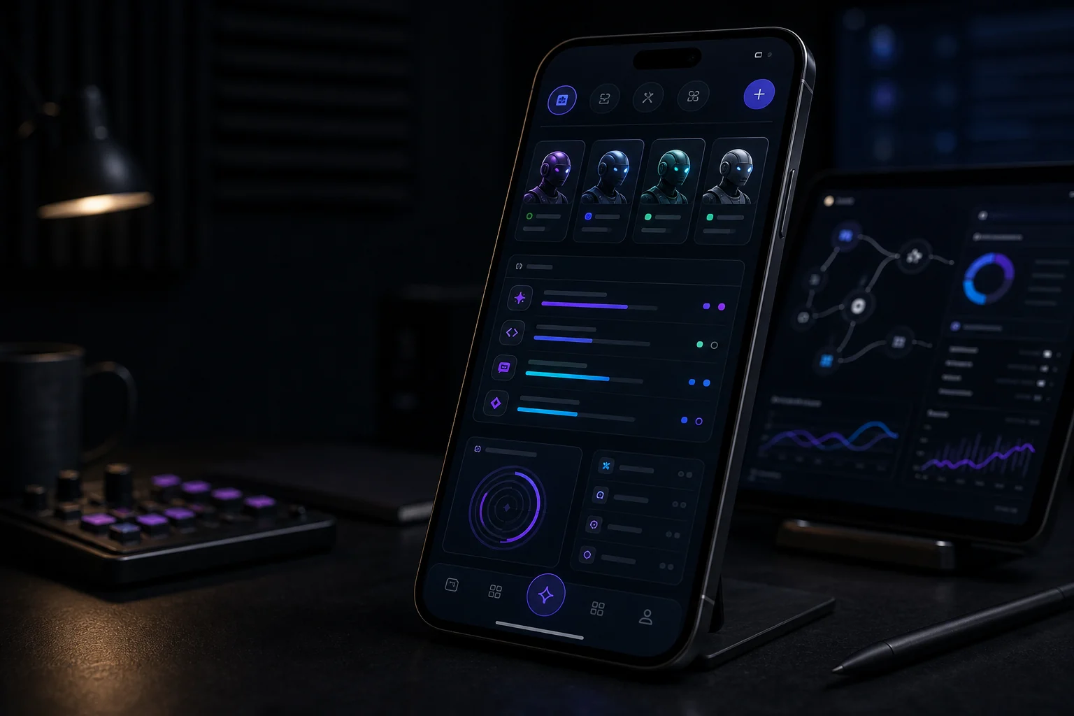 RSTR phone-first AI workforce platform hero on a founder workspace