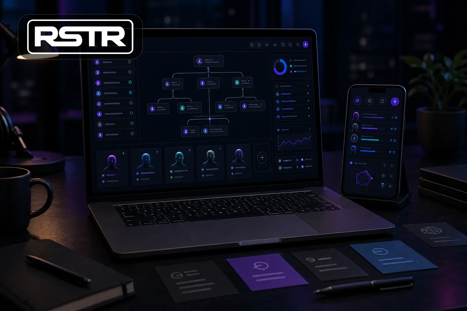 RSTR AI workforce planning surface across laptop and phone with the real logo
