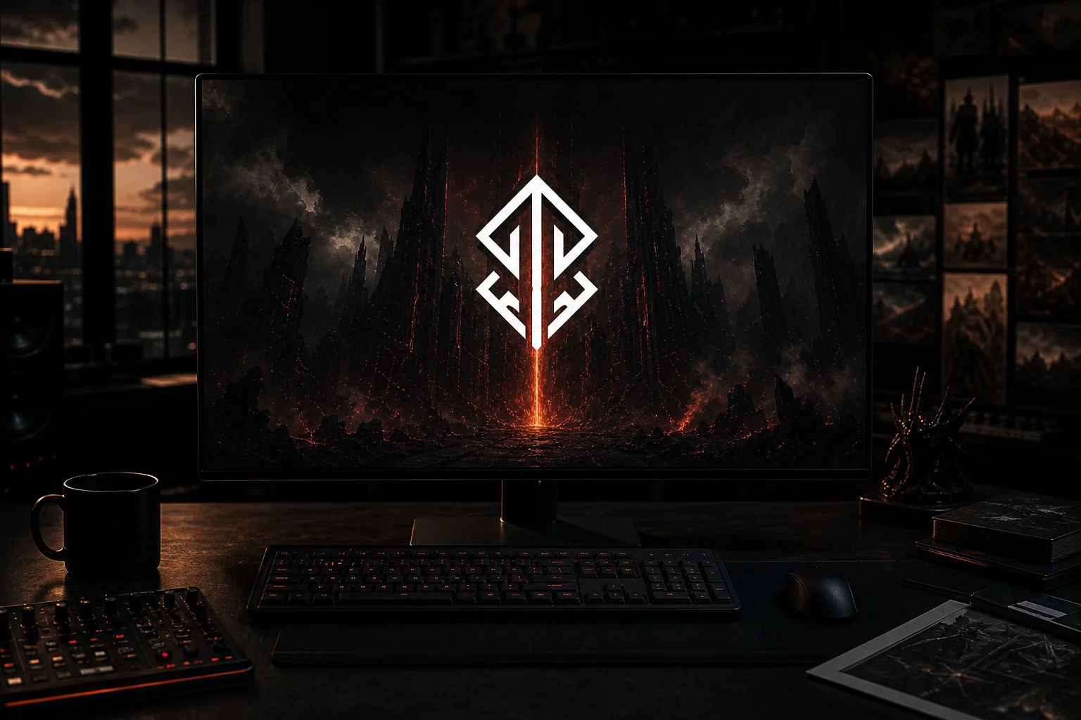 SAGA indie game studio splash identity on a dark studio monitor