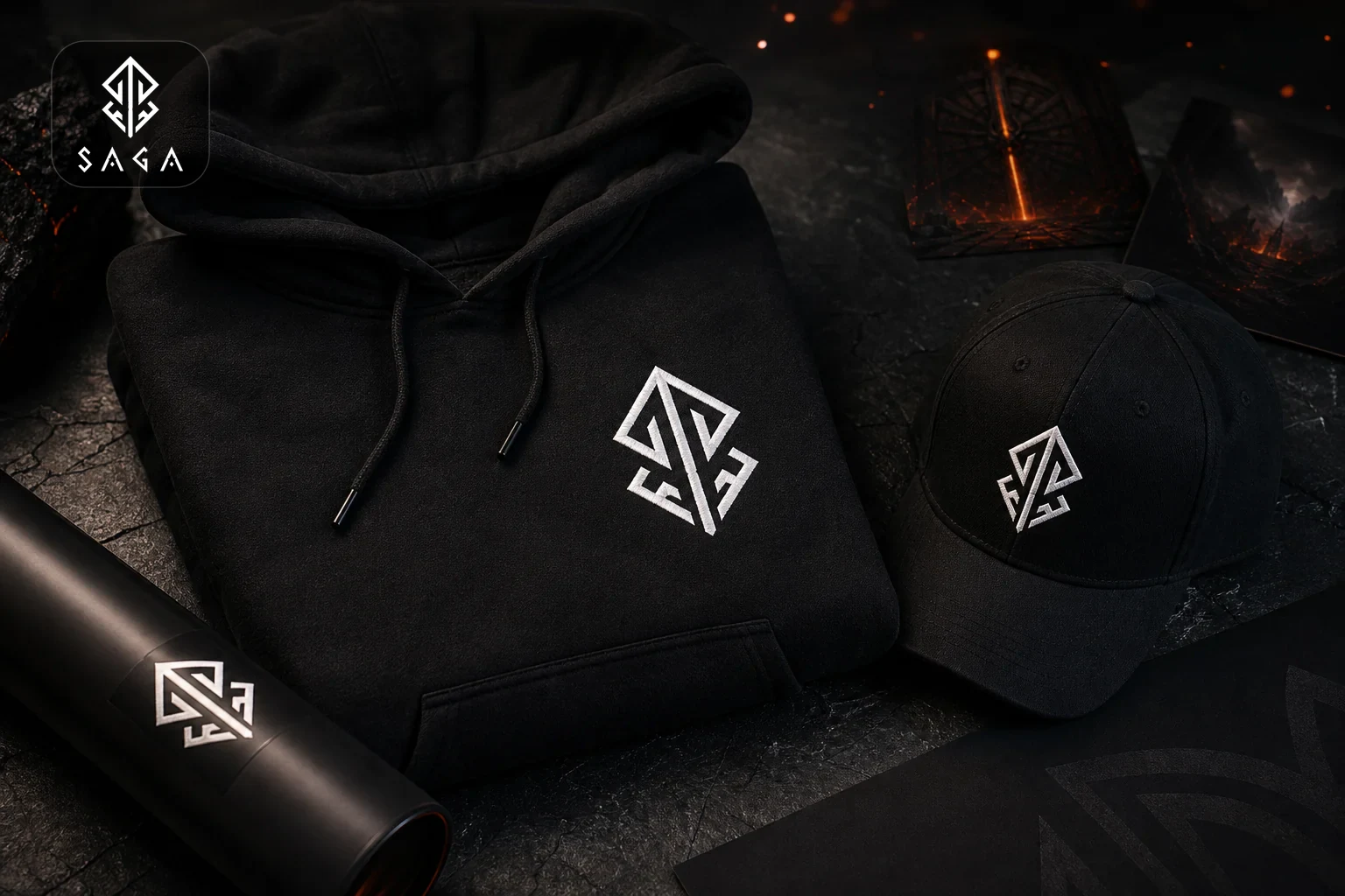 SAGA generated merch mockup with dark studio apparel and the real logo