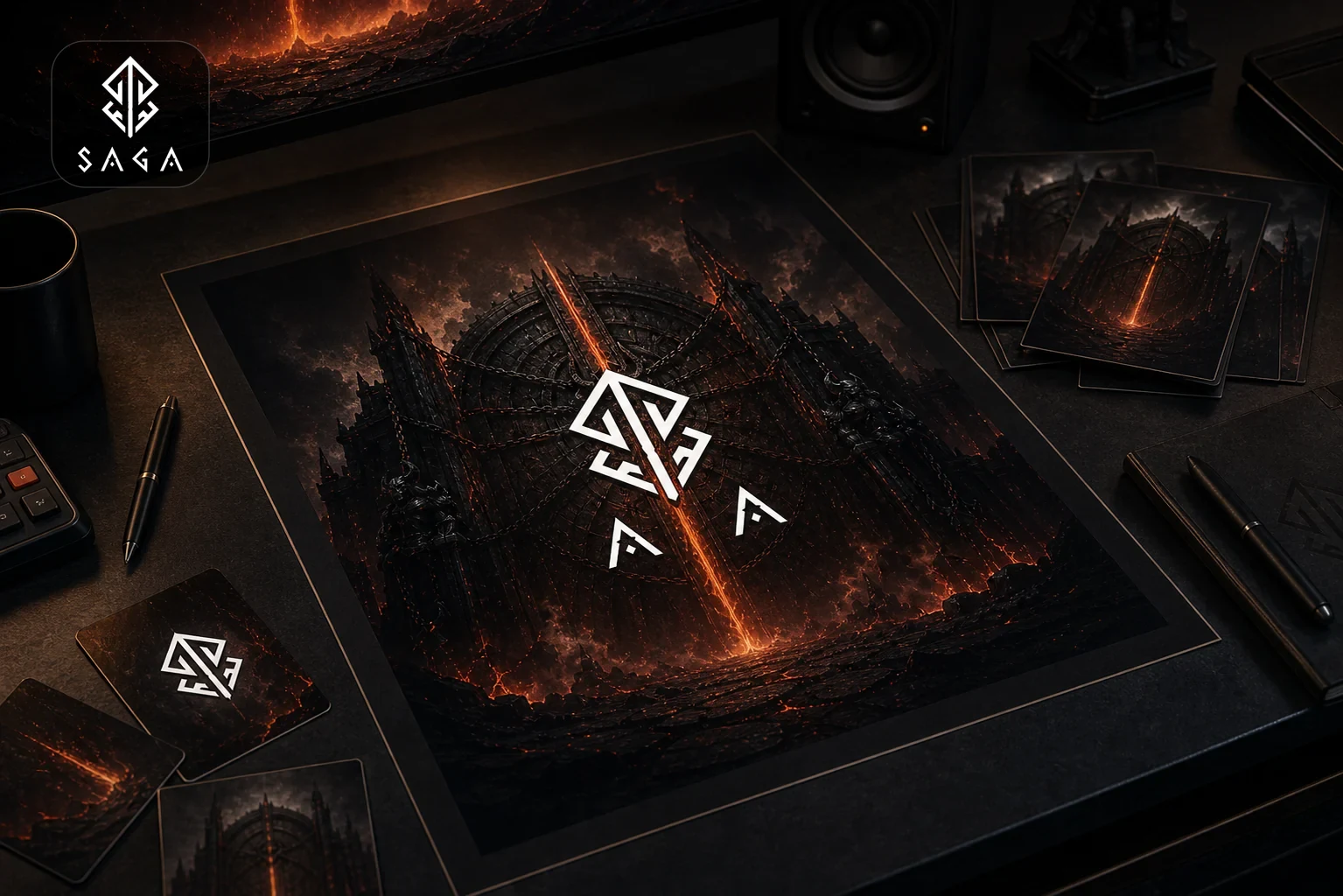 SAGA launch poster and brand asset product photo with the real logo