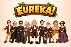 Full Eureka! logo above nine illustrated geniuses