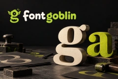 FontGoblin cream and lime wordmark above sculpted type and printing tools