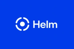 Helm white segmented symbol and wordmark on a blue background
