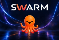 SWARM wordmark and orange octopus mascot with blue light trails